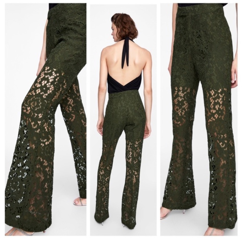 ZARA Floral Green Crochet Sheer See through Mid Rise Embroidered Wide Leg Med